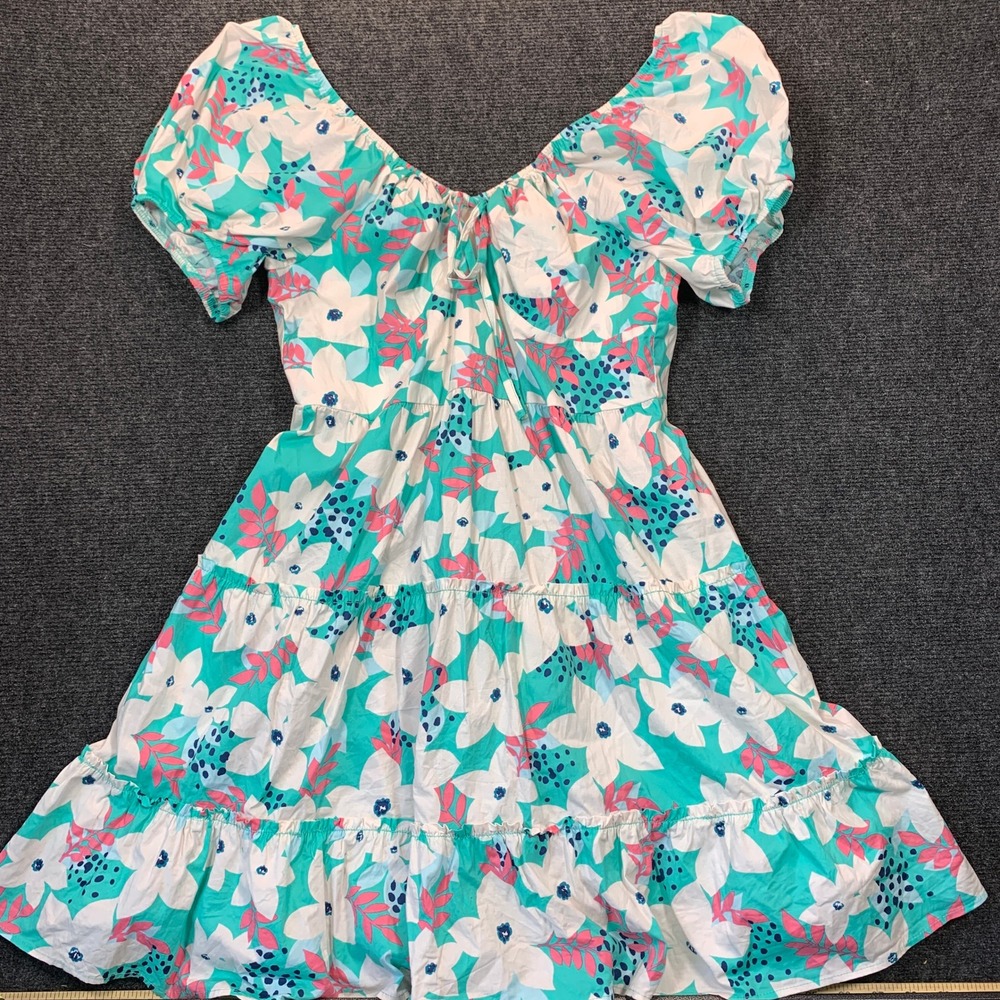Easel Floral Tiered Mini Dress L Teal Babydoll Puff Slv Smocked Peasant Milkmaid